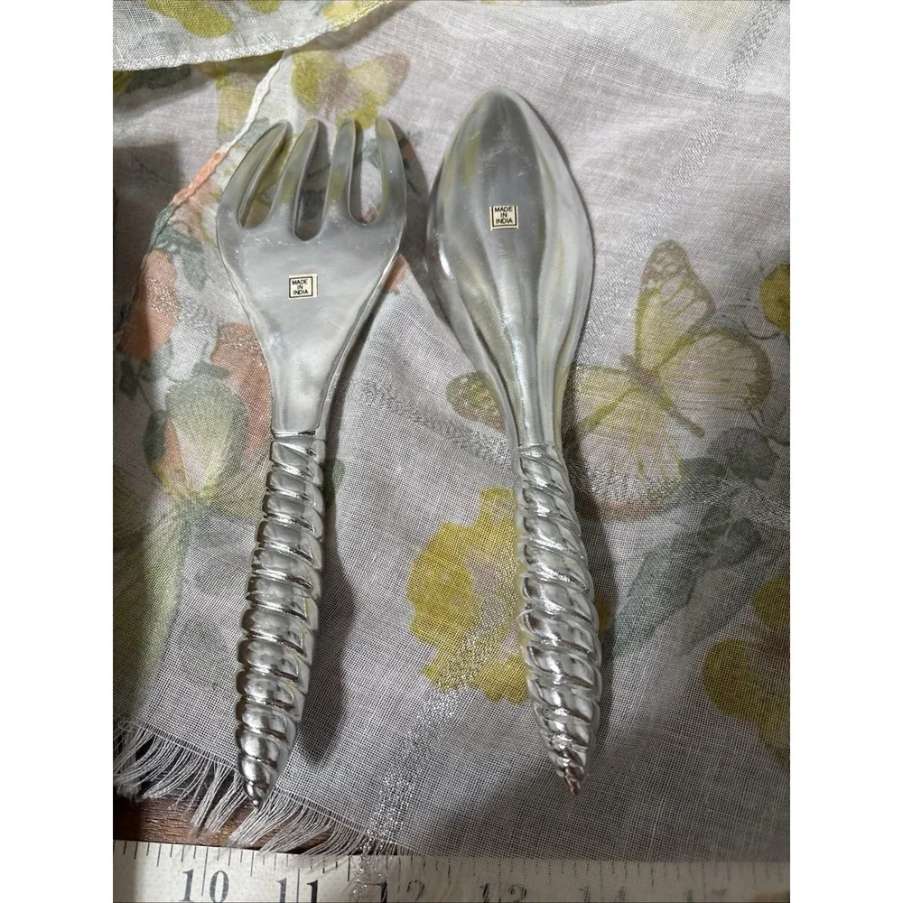 Silver‎ Polished Twist Handle Serving Spoon & Fork Set, 12in Floral Wood Box